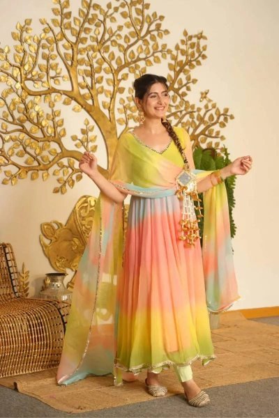 Functional Multi Color Faux Georgette Digital Print Anarkali Suit with Fancy Lace Dupatta For Festival Wear Ready To Wear Collection