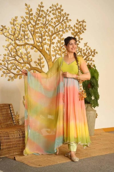 Functional Multi Color Faux Georgette Digital Print Anarkali Suit with Fancy Lace Dupatta For Festival Wear Ready To Wear Collection