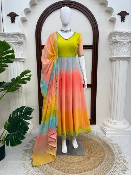 Functional Multi Color Faux Georgette Digital Print Anarkali Suit with Fancy Lace Dupatta For Festival Wear Ready To Wear Collection