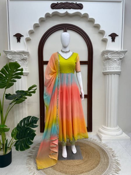Functional Multi Color Faux Georgette Digital Print Anarkali Suit with Fancy Lace Dupatta For Festival Wear Ready To Wear Collection