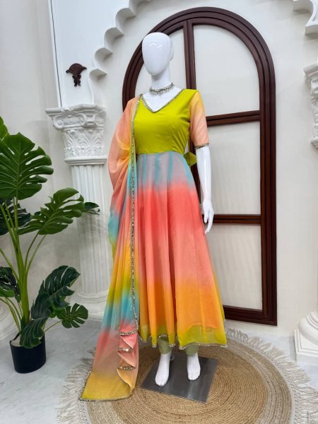 Functional Multi Color Faux Georgette Digital Print Anarkali Suit with Fancy Lace Dupatta For Festival Wear Ready To Wear Collection