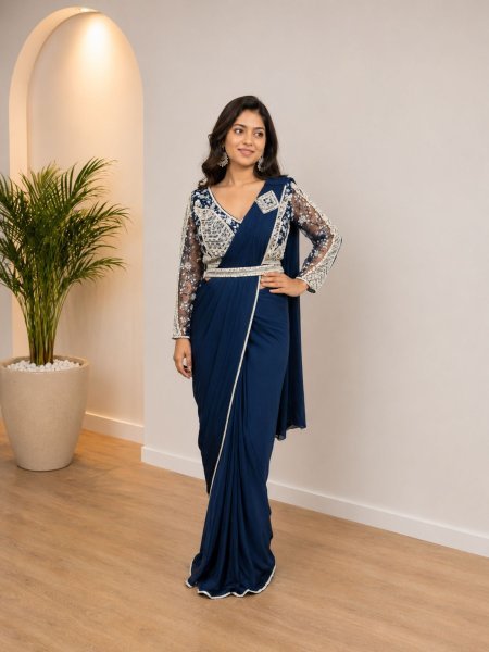 Functional Navy Blue Women s Imported Lycra Saree with Blouse For Party Wear Sarees 