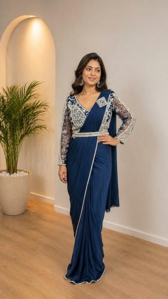 Functional Navy Blue Women s Imported Lycra Saree with Blouse For Party Wear Ready To Wear Saree 