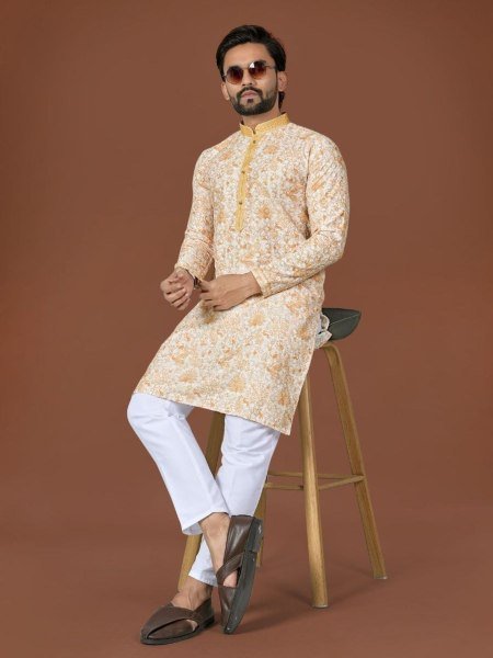 Functional Off White Gold Cotton Lucknowi Work Kurta with Digital Print for Festive Wear Mens Wear