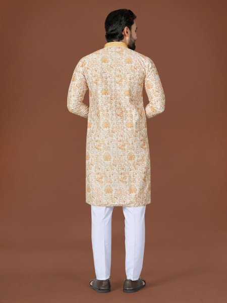 Functional Off White Gold Cotton Lucknowi Work Kurta with Digital Print for Festive Wear Kurta Pajama Wholesale