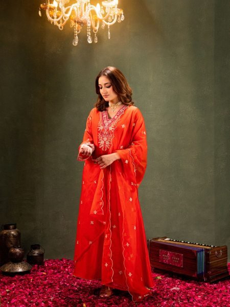 Functional Orange Comfortable Embroidered Kurti Set for Daily Wear Kurtis