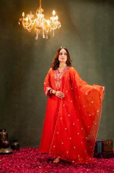 Functional Orange Comfortable Embroidered Kurti Set for Daily Wear Embroidery Kurtis 