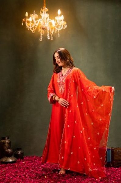 Functional Orange Comfortable Embroidered Kurti Set for Daily Wear Embroidery Kurtis 