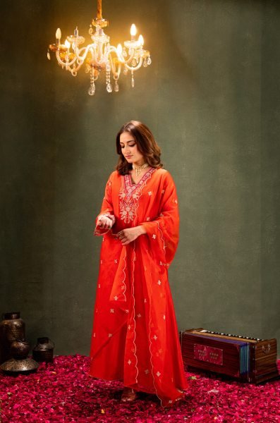 Functional Orange Comfortable Embroidered Kurti Set for Daily Wear Embroidery Kurtis 