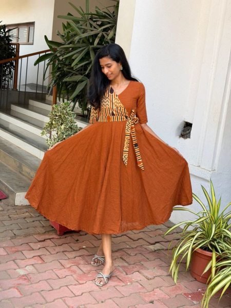 Functional Orange Elegant Cotton Slub Flared Gown for Daily and Festive Wear Western Ladies Top Wholesale