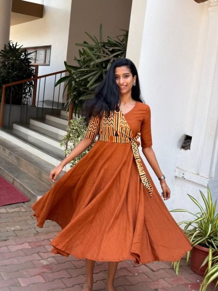 Functional Orange Elegant Cotton Slub Flared Gown for Daily and Festive Wear Western Ladies Top Wholesale