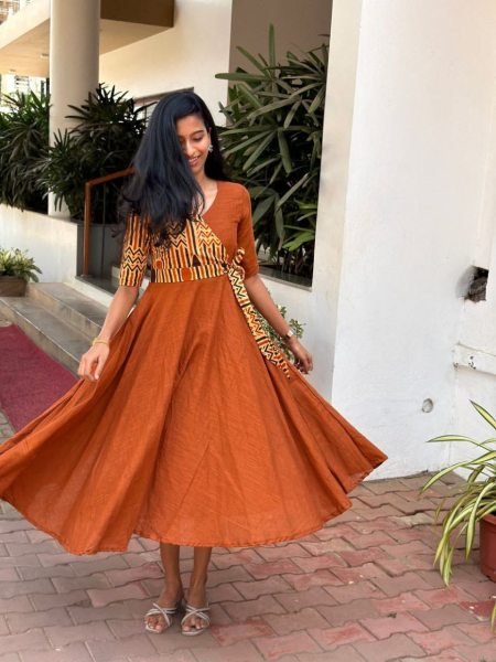 Functional Orange Elegant Cotton Slub Flared Gown for Daily and Festive Wear Western Ladies Top Wholesale