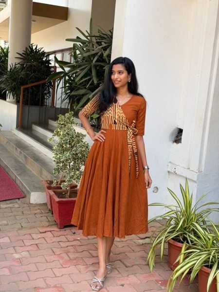 Functional Orange Elegant Cotton Slub Flared Gown for Daily and Festive Wear Western Ladies Top Wholesale