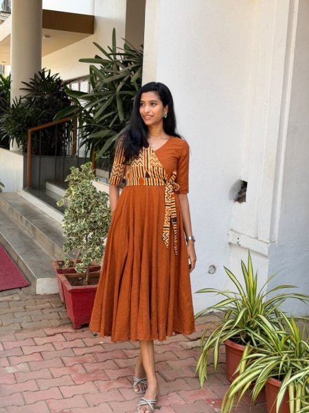 Functional Orange Elegant Cotton Slub Flared Gown for Daily and Festive Wear Western Ladies Top Wholesale