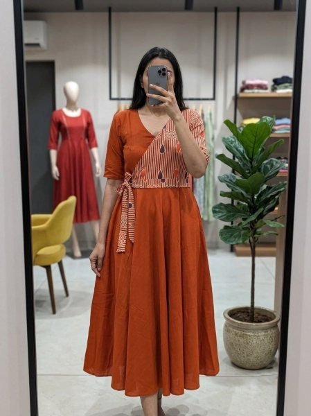 Functional Orange Elegant Cotton Slub Flared Gown for Daily and Festive Wear Western Ladies Top Wholesale