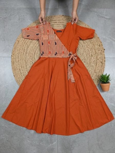 Functional Orange Elegant Cotton Slub Flared Gown for Daily and Festive Wear Western Ladies Top Wholesale