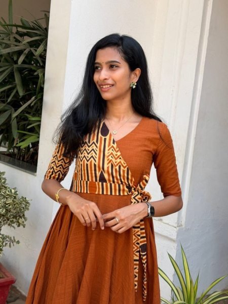 Functional Orange Elegant Cotton Slub Flared Gown for Daily and Festive Wear Western Ladies Top Wholesale