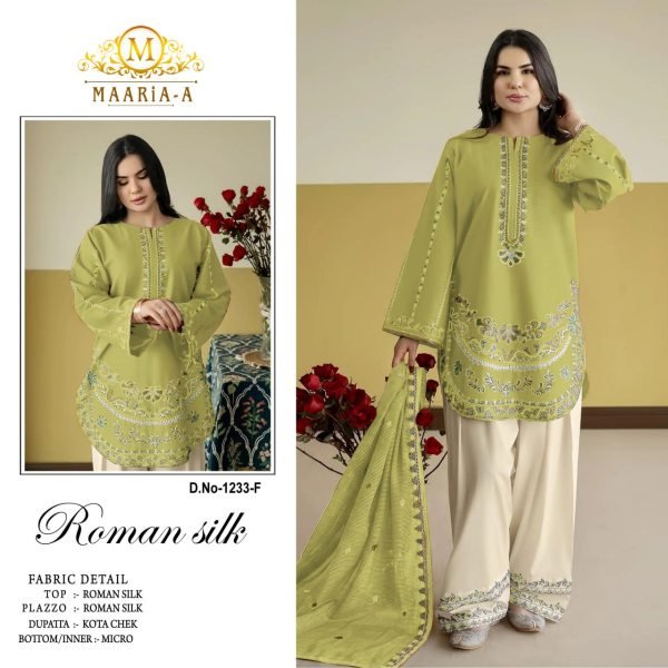 Functional Parrot Green Heavy Roman Silk Semi Stitched Suit with Kota Checks Dupatta Designer Plazzo Salwar Suits Wholesale