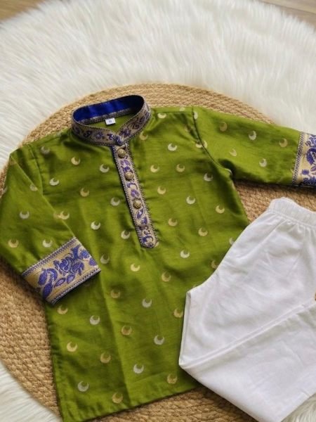Functional Parrot Green Kids Festive Kurta Pant Set with Golden Zari Detailing at Manufacturer 