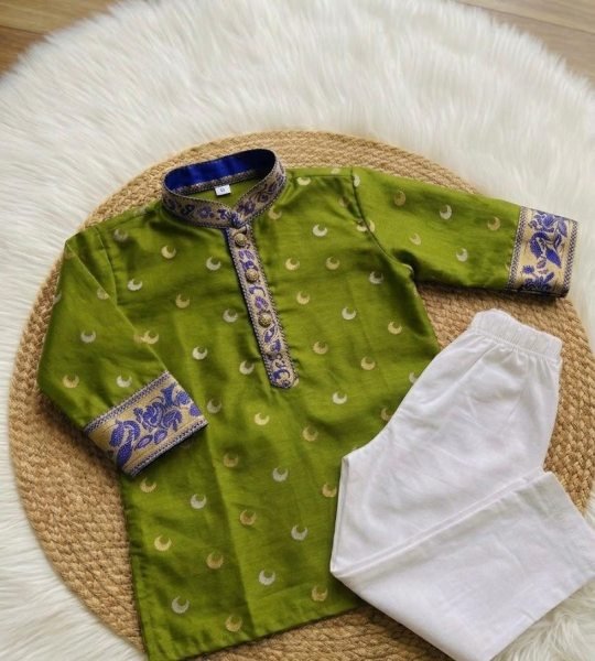 Functional Parrot Green Kids Festive Kurta Pant Set with Golden Zari Detailing at Manufacturer  Boys Wear