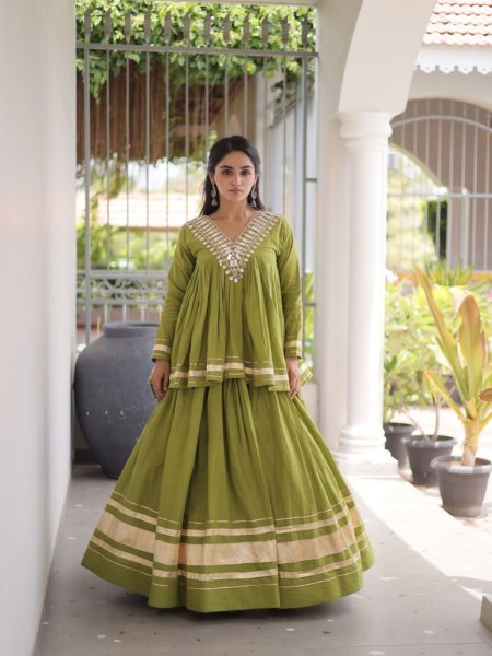 Functional Parrot Green Kora Cotton Lehenga Blouse Set with Zari Patta and Gota Patti Work 