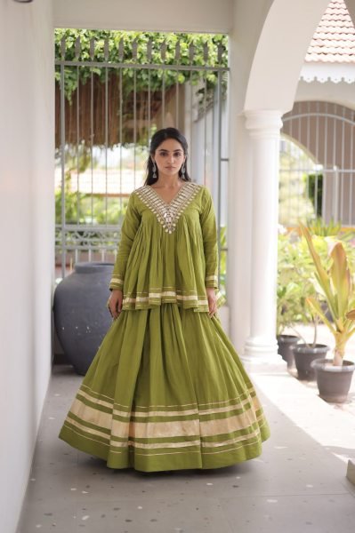 Functional Parrot Green Kora Cotton Lehenga Blouse Set with Zari Patta and Gota Patti Work Navratri Lehnega Choli