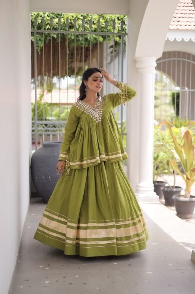 Functional Parrot Green Kora Cotton Lehenga Blouse Set with Zari Patta and Gota Patti Work Navratri Lehnega Choli