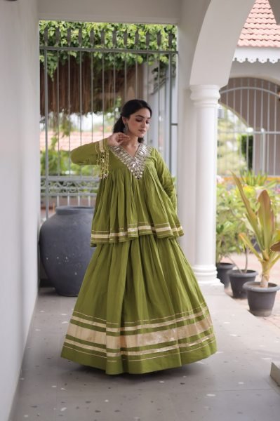 Functional Parrot Green Kora Cotton Lehenga Blouse Set with Zari Patta and Gota Patti Work Navratri Lehnega Choli