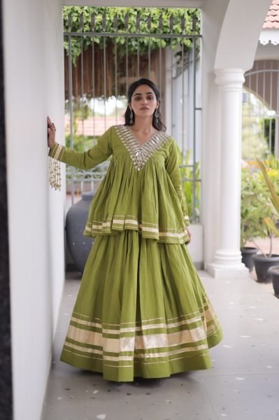 Functional Parrot Green Kora Cotton Lehenga Blouse Set with Zari Patta and Gota Patti Work Navratri Lehnega Choli
