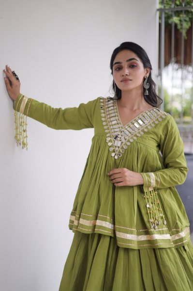 Functional Parrot Green Kora Cotton Lehenga Blouse Set with Zari Patta and Gota Patti Work Navratri Lehnega Choli