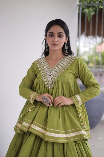 Functional Parrot Green Kora Cotton Lehenga Blouse Set with Zari Patta and Gota Patti Work Navratri Lehnega Choli