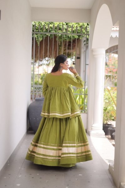 Functional Parrot Green Kora Cotton Lehenga Blouse Set with Zari Patta and Gota Patti Work Navratri Lehnega Choli