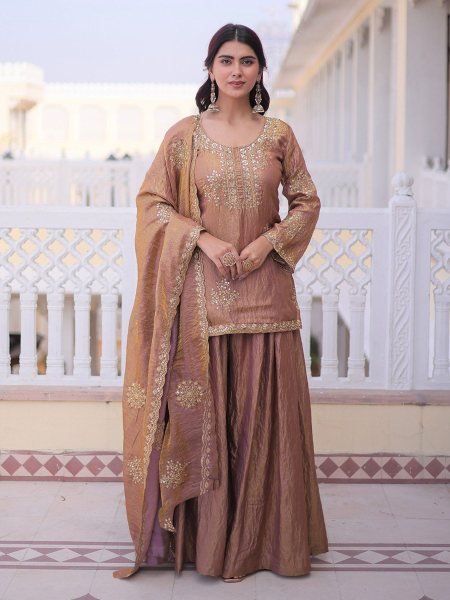Functional Peach Vichitra Women's Short Kurti Palazzo Set For Bulk Wholesale Price Salwar Kameez