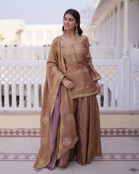 Functional Peach Vichitra Women's Short Kurti Palazzo Set For Bulk Wholesale Price Embroidery Kurtis 