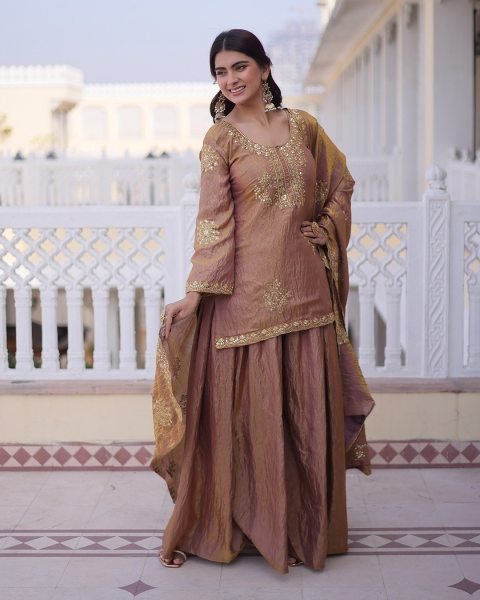 Functional Peach Vichitra Women's Short Kurti Palazzo Set For Bulk Wholesale Price Embroidery Kurtis 