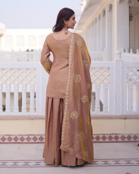Functional Peach Vichitra Women's Short Kurti Palazzo Set For Bulk Wholesale Price Embroidery Kurtis 