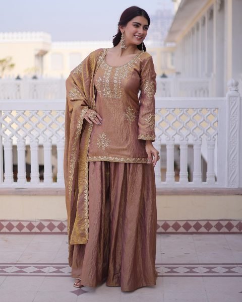 Functional Peach Vichitra Women's Short Kurti Palazzo Set For Bulk Wholesale Price Embroidery Kurtis 