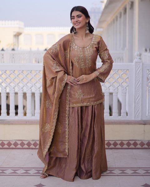 Functional Peach Vichitra Women's Short Kurti Palazzo Set For Bulk Wholesale Price Embroidery Kurtis 