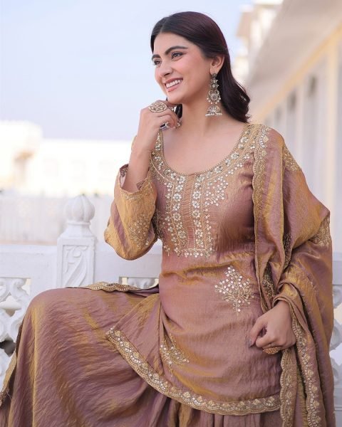 Functional Peach Vichitra Women's Short Kurti Palazzo Set For Bulk Wholesale Price Embroidery Kurtis 