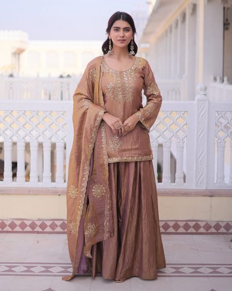 Functional Peach Vichitra Women's Short Kurti Palazzo Set For Bulk Wholesale Price Embroidery Kurtis 