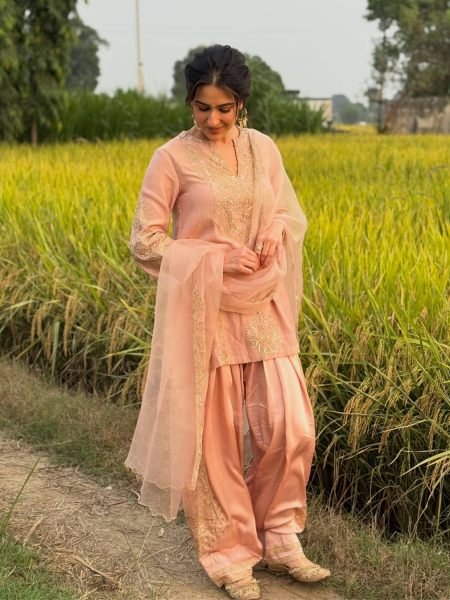 Functional Pink Designer Roman Glass Silk Top with Embroidered Farshi Palazzo Ready To Wear Suit