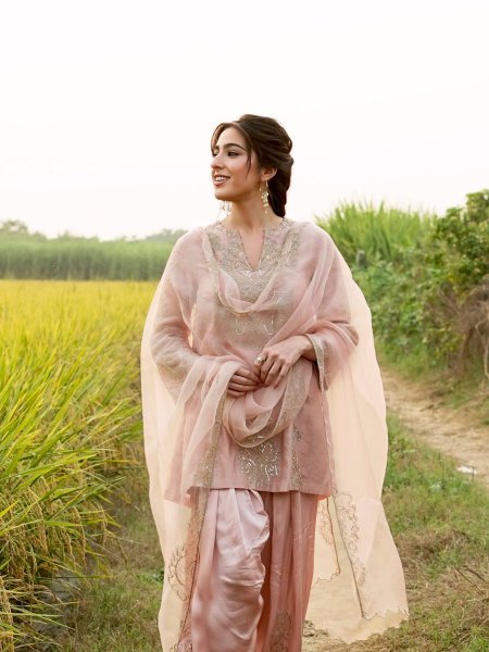 Functional Pink Designer Roman Glass Silk Top with Embroidered Farshi Palazzo Ready To Wear Collection
