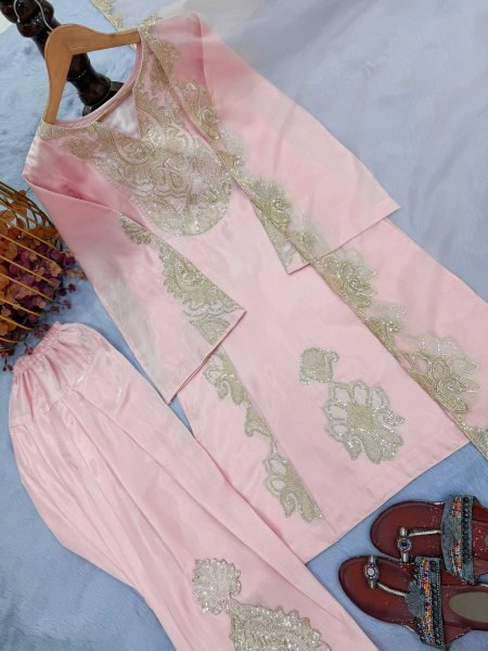 Functional Pink Designer Roman Glass Silk Top with Embroidered Farshi Palazzo Ready To Wear Collection