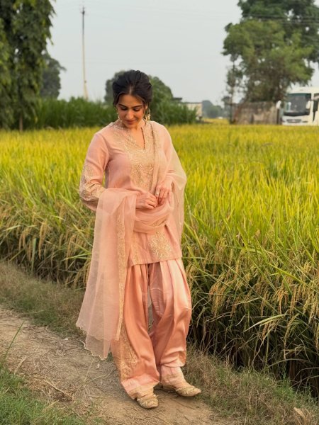 Functional Pink Designer Roman Glass Silk Top with Embroidered Farshi Palazzo Ready To Wear Collection