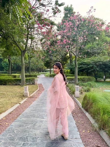 Functional Pink Designer Roman Glass Silk Top with Embroidered Farshi Palazzo Ready To Wear Collection