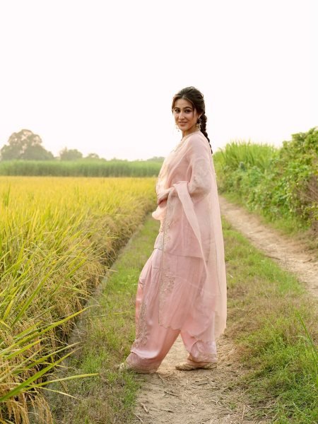 Functional Pink Designer Roman Glass Silk Top with Embroidered Farshi Palazzo Ready To Wear Collection