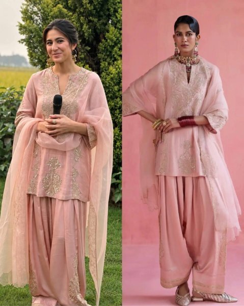 Functional Pink Designer Roman Glass Silk Top with Embroidered Farshi Palazzo Ready To Wear Collection