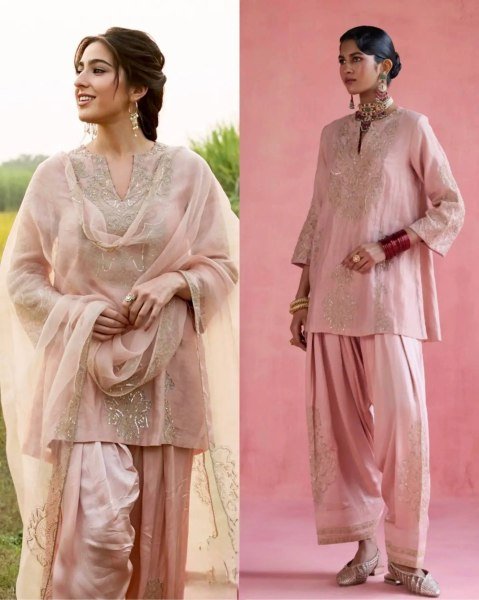 Functional Pink Designer Roman Glass Silk Top with Embroidered Farshi Palazzo Ready To Wear Collection
