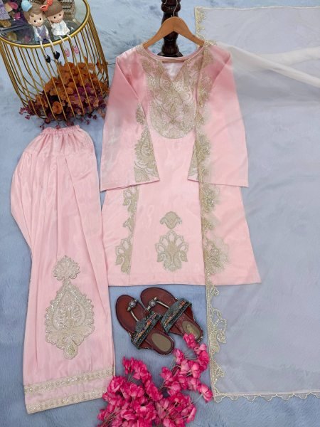 Functional Pink Designer Roman Glass Silk Top with Embroidered Farshi Palazzo Ready To Wear Collection
