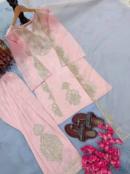 Functional Pink Designer Roman Glass Silk Top with Embroidered Farshi Palazzo Ready To Wear Collection